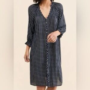 Anthropologie - Maeve Sara Navy Blue Windowpane Plaid Midi Dress Size Medium